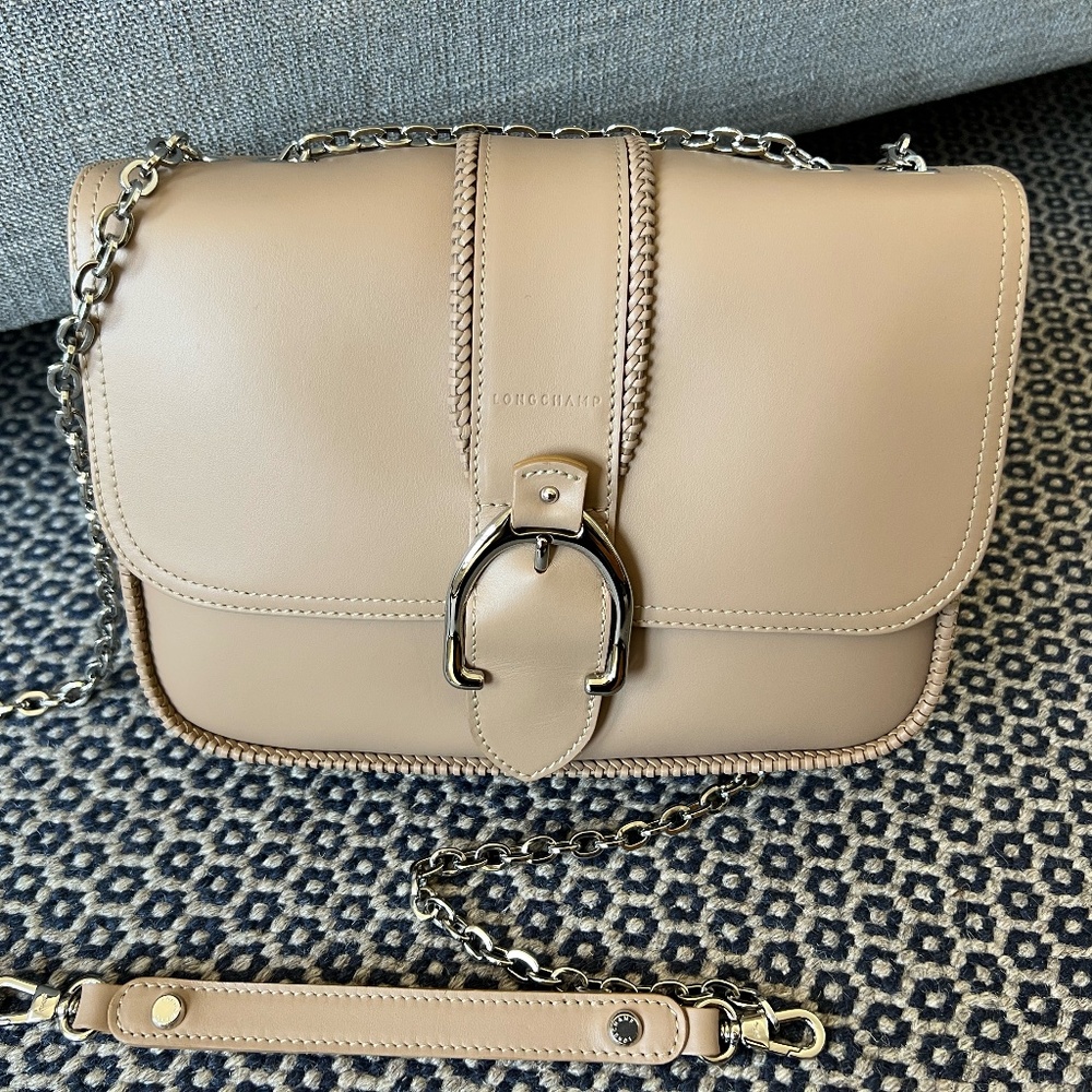 NWOT Longchamp Amazone Leather Shoulder / Crossbody / Clutch Bag in Beige